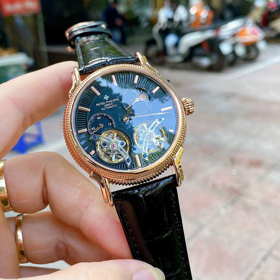 Đồng hồ Nam Patek 2 tim máy nhật, mặt đen viền vàng, dòng cơ Automatic size 42mm-43mm