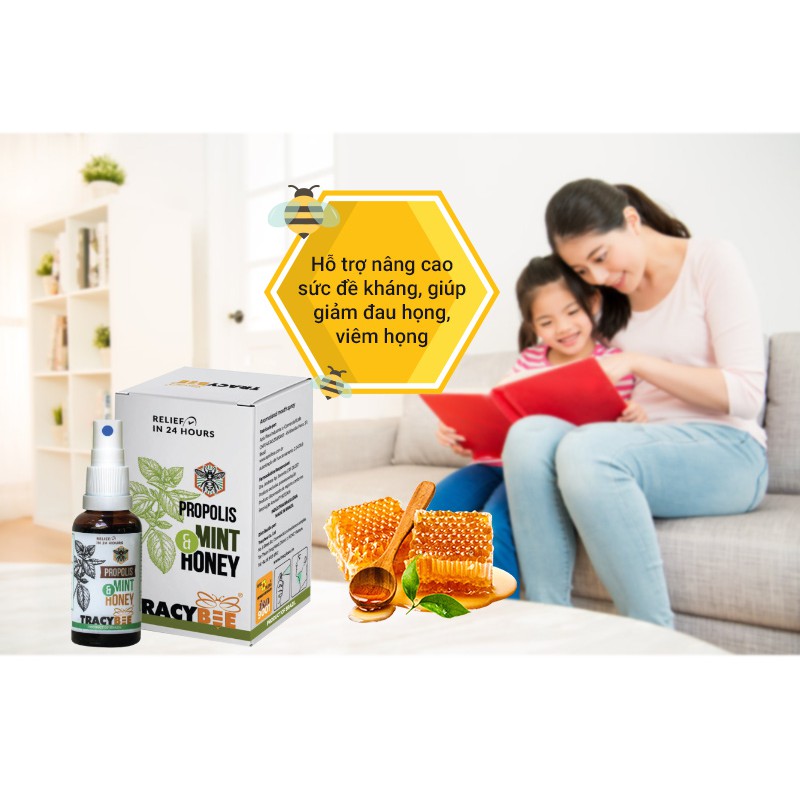 Keo Ong Tracybee Xịt Giảm Viêm Họng Vị Bạc Hà Cho Người Lớn Và Trẻ Em Từ 2 Tuổi Propolis Mint & Honey 30ml