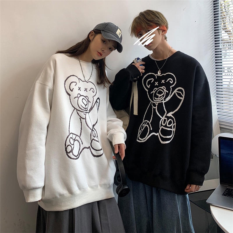 Áo cổ tròn in hình gấu dáng rộng size lớn thời trang mùa thu dành cho cặp đôi
