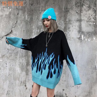 Áo Sweater dáng rộng in họa tiết ngọn lửa phong cách đường phố Hàn Quốc
