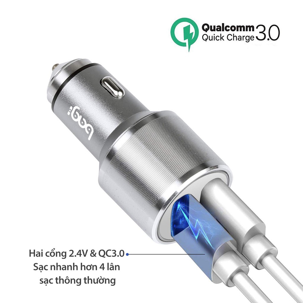 Củ sạc Ô tô sạc nhanh Qualcomm 3.0 2 cổng USB thương hiệu Bagi / Made in Việt Nam (Màu Xám)-CCO30