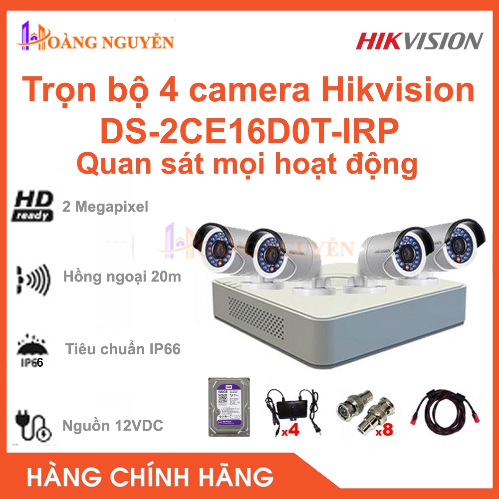 [NHÀ PHÂN PHỐI] Trọn bộ 4 camera Hikvision DS-2CE16D0T-IRP (2MP) + DS-7104HGHI-F1