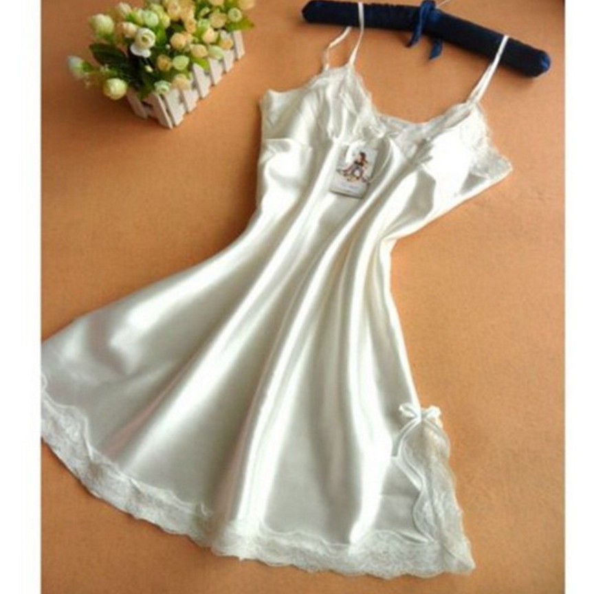 Đầm Ngủ Mặc Nhà Lụa Satin Sexy Đầm ngủ viền ren cổ chữ V cho nữ Không Mút Ngực | BigBuy360 - bigbuy360.vn