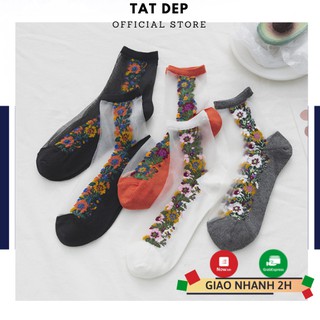 Tất nữ cổ cao set 5 đôi tất SPRING vớ nữ thêu hoa vải cotton lưới phối oxford, giày sneaker ullzang