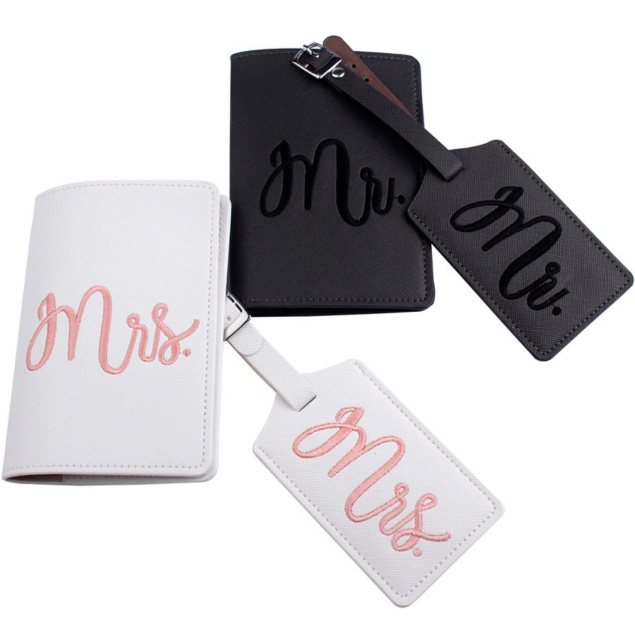 Bộ Combo Bao Da Hộ Chiếu Passport Và Thẻ Hành Lý Thêu Tên Mr &amp; Mrs - Shine House