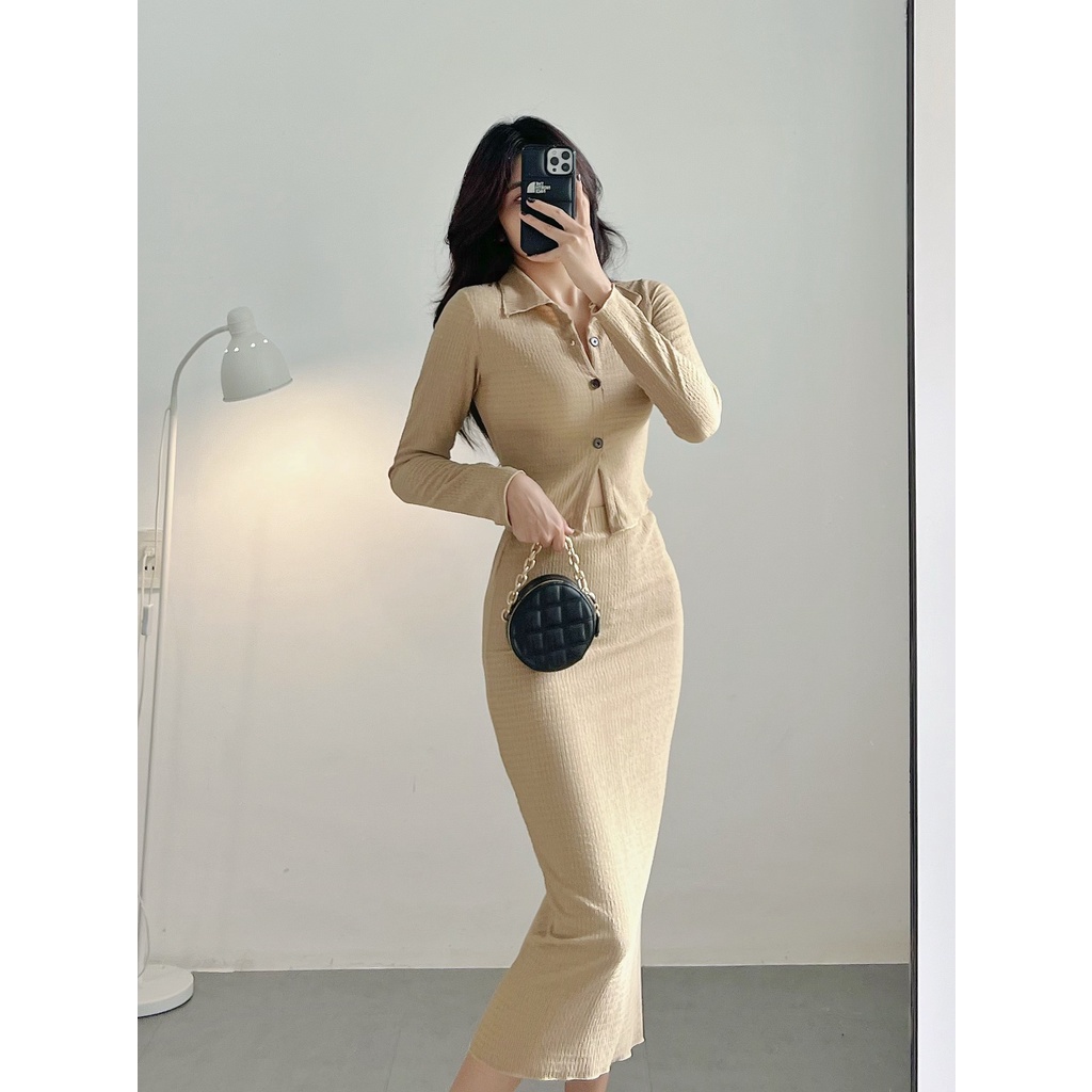 Set áo đầm nữ tay dài HHVINTAGE kiểu polo nút thun co giãn Dress A91