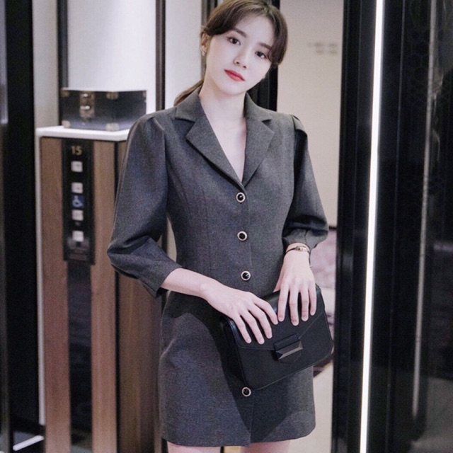 Đầm váy xám cổ vest (kèm hình thật)