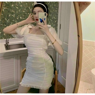 Đầm Nữ Ôm Body Nhún Thân, Cổ Vuông Họa Tiết Nơ Trên Vai Màu Trắng Trẻ Trung Dạo Phố  - Winchois