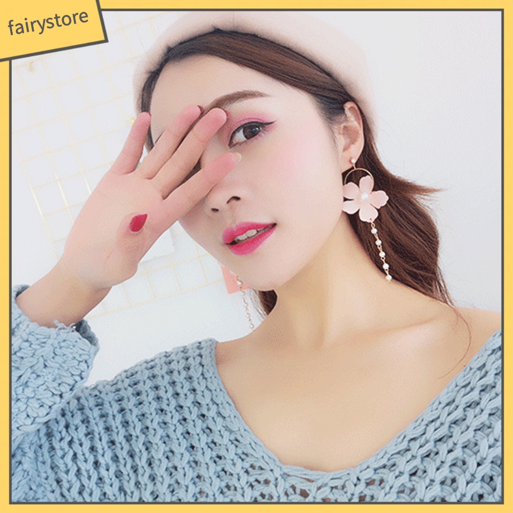 Khuyên Tai Dáng Dài Đính Hoa Và Ngọc Trai Nhân Tạo Thời Trang