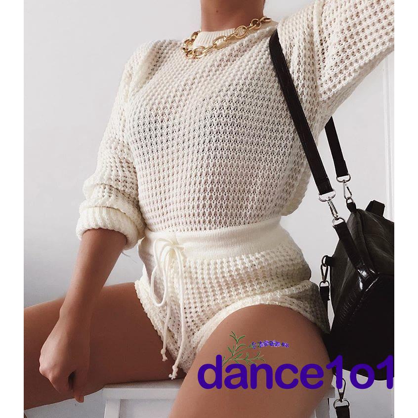 Bộ trang phục áo len giản dị dáng ngắn và quần short cạp cao thời trang cho nữ
