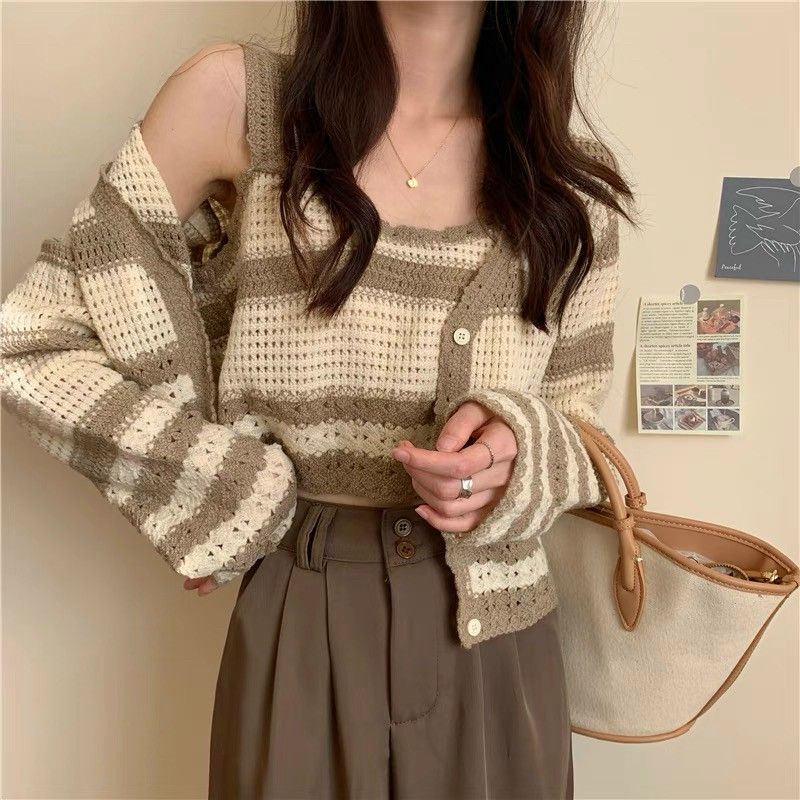 Sét áo len 2 dây kẻ+áo cadigan hàng QCL1