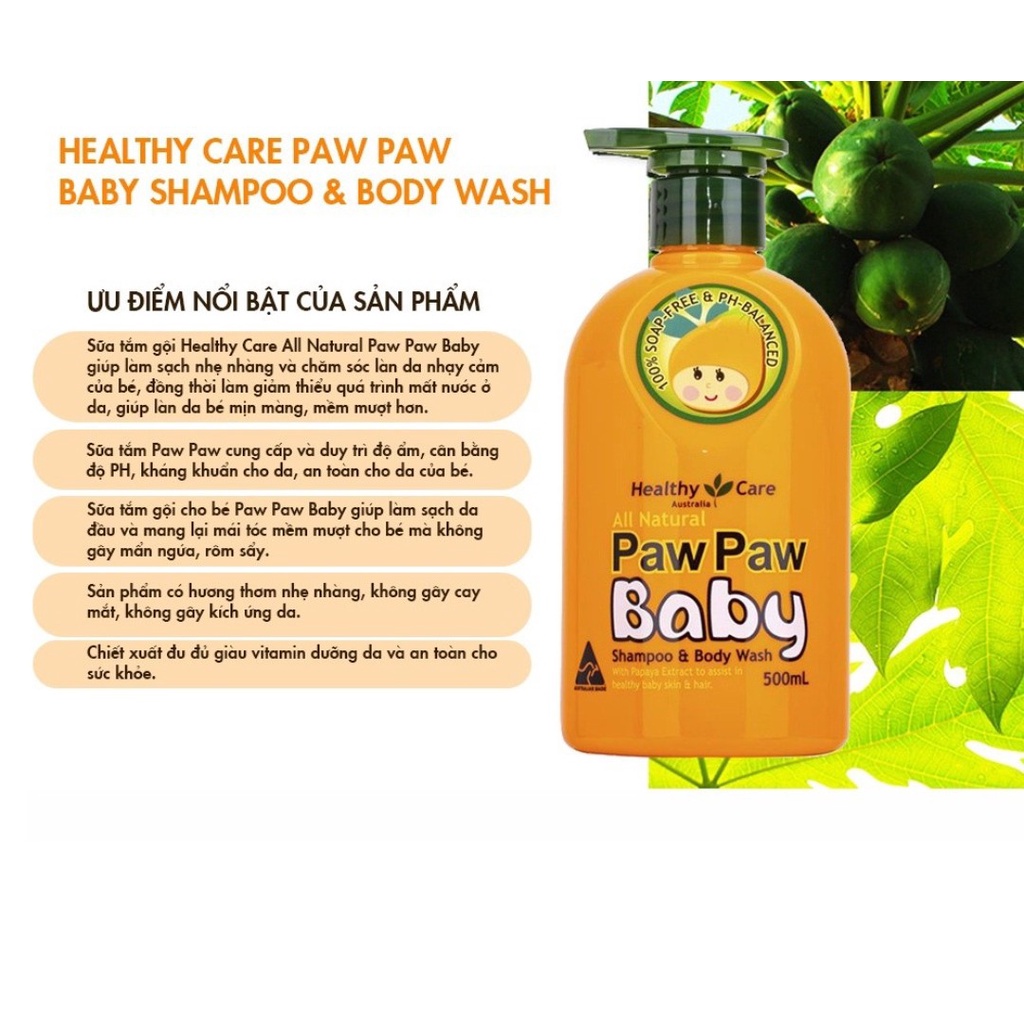 Sữa tắm gội 2 trong 1 Healthy Care Paw Paw Baby từ đu đủ an toàn cho bé 500ml BeautiMax