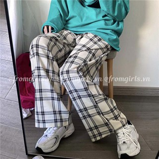 Quần caro ống suông, quần ống rộng kẻ caro màu trắng ulzzang Hàn Quốc - QCR02