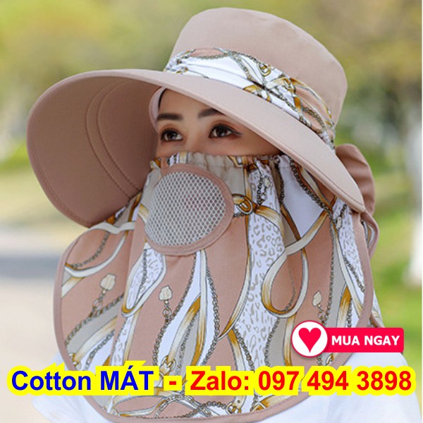 Nón chống nắng mũ che nắng màu xanh dương vải cotton cực đẹp và mát vành nón rộng mát có khẩu trang 2 lớp bảo vệ