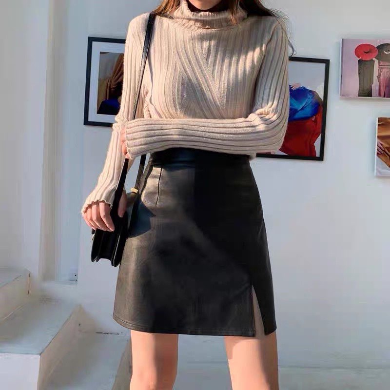 Chân Váy Ngắn Chữ A Xẻ Vải Da Siêu Sang 818