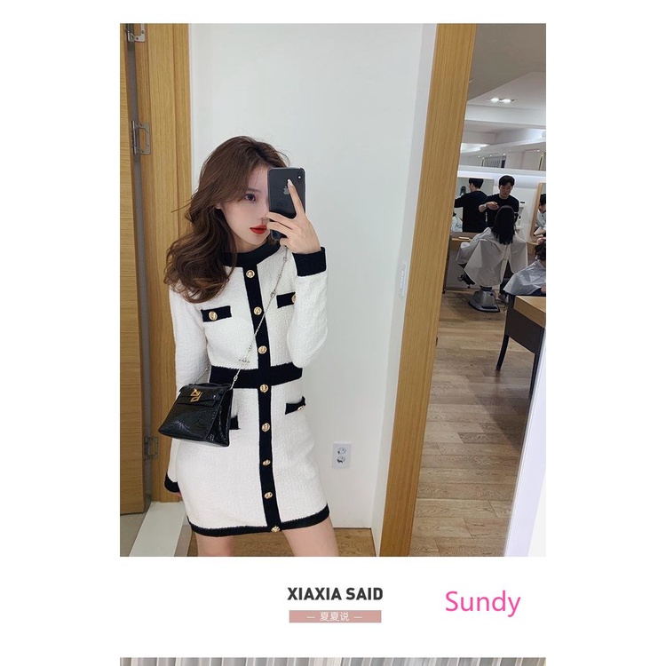 Đầm Dệt Kim Tay Dài Phong Cách Vintage Thời Trang Thu Đông Dành Cho Nữ