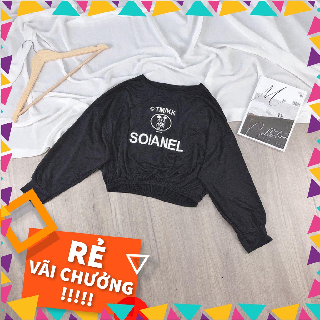Sale 1142A29B1 Áo thun croptop phom rộng tay dài bo eo in chữ Soianel Sale