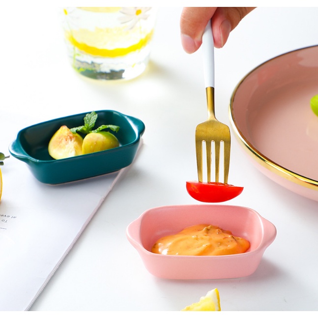 Chén sứ vuông đựng nước chấm sốt, gia vị tay cầm ngang 2 bên, đĩa nước chấm decor đẹp