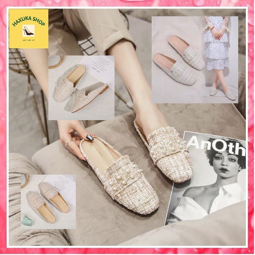 Dép sục nữ - Giày sục mũi vuông đế êm chất dạ gắn hạt sang chảnh