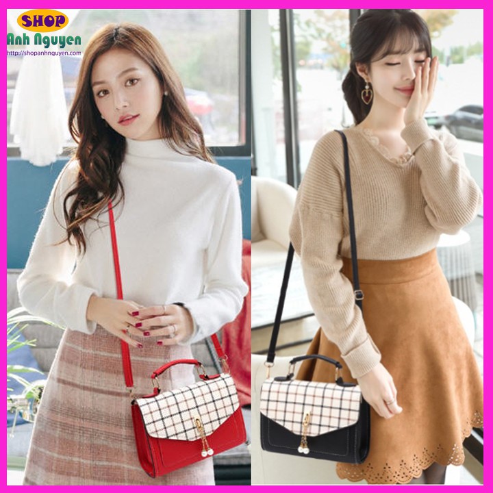 Túi đeo chéo nữ đính ngọc cao cấp mặt caro thời trang - TN022