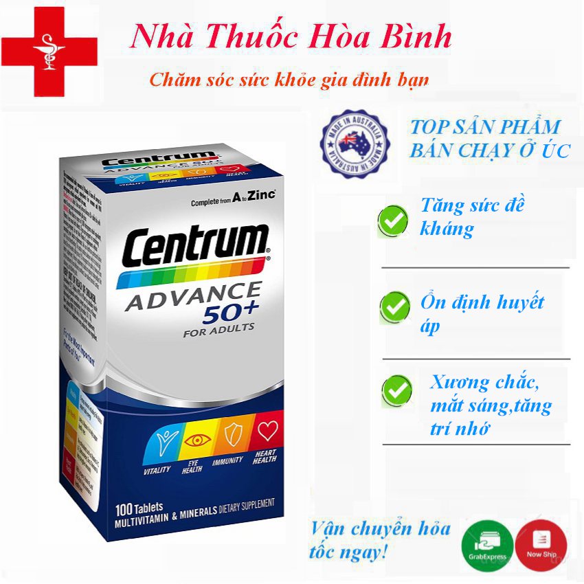 Vitamin tổng hợp Centrum Advance Úc hộp 100 viên cho người lớn,trung niên,người già tuổi 50+-Date Mới