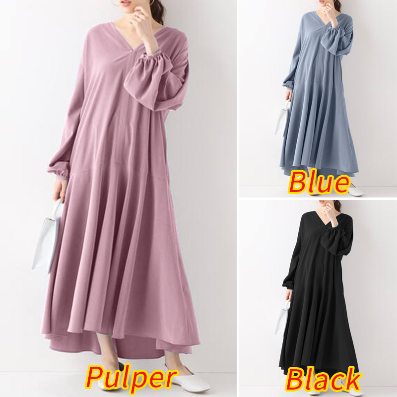 Đầm Maxi ZANZEA Cổ V Tay Phồng Màu Trơn Thời Trang Cho Nữ