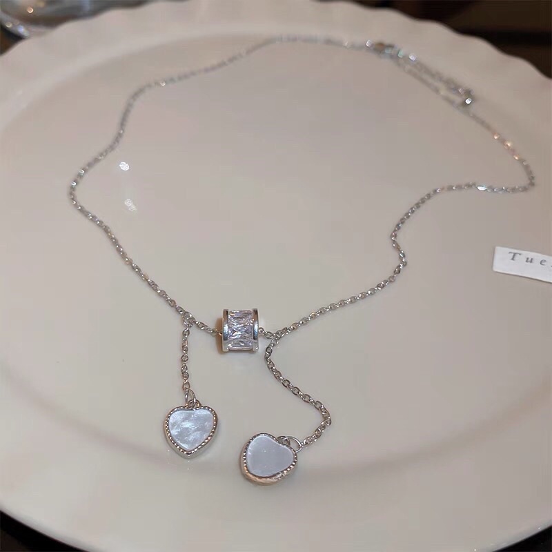 Vòng cổ nữ mặt hai trái tim pha lê trong suốt dễ thương V18