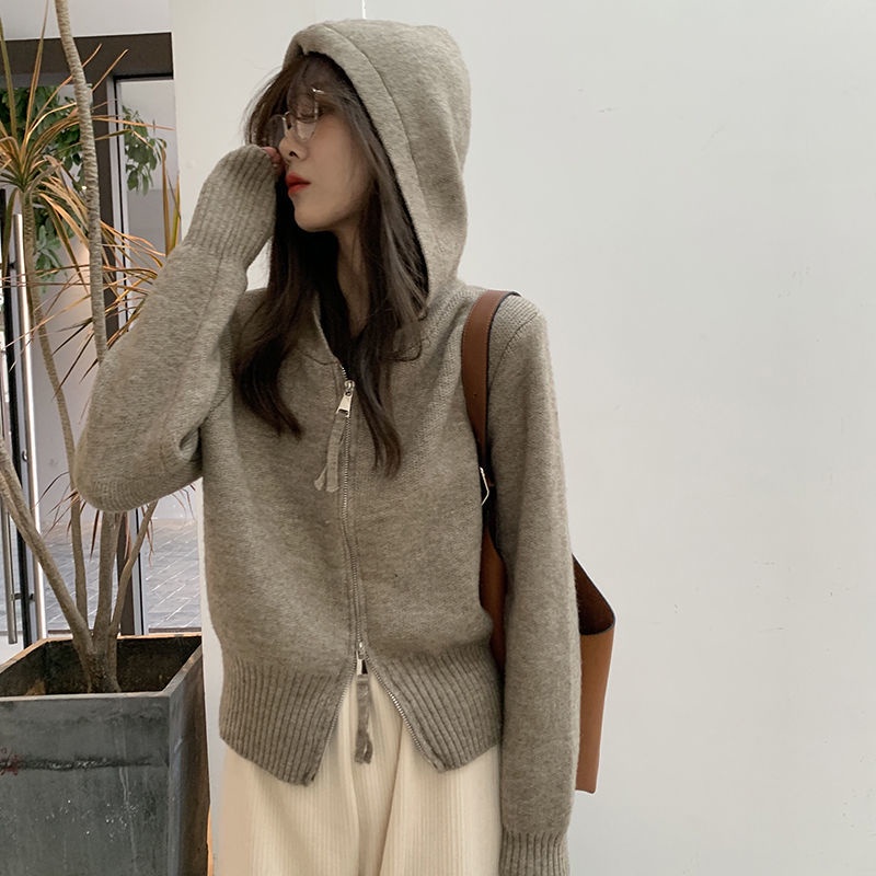 Áo Khoác cardigan Dệt Kim Màu Trơn Có Mũ Phối Khóa Kéo Thời Trang Hàn Quốc