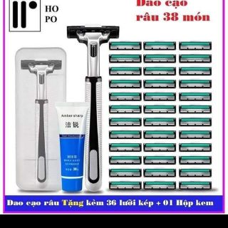 Set gồm: 1 dao cạo+ 36 bàn cạo kèm dao lam + 1 tuýp kem cạo râu+ 1 hộp