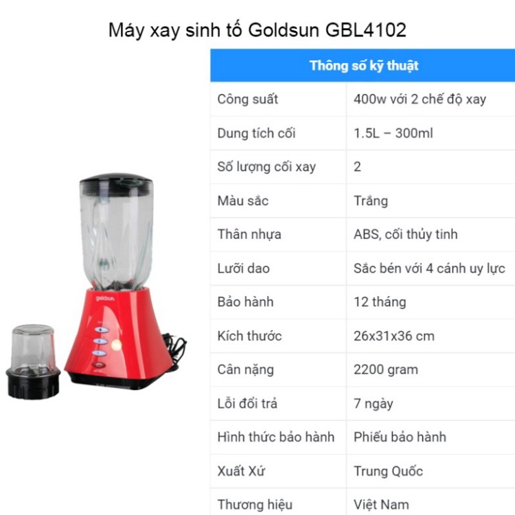 Máy xay sinh tố Goldsun GBL4102 2 cối 1.5 lít và 300ml xay nhuyễn mịn thịt trái cây rau củ quả thức ăn dặm cho bé