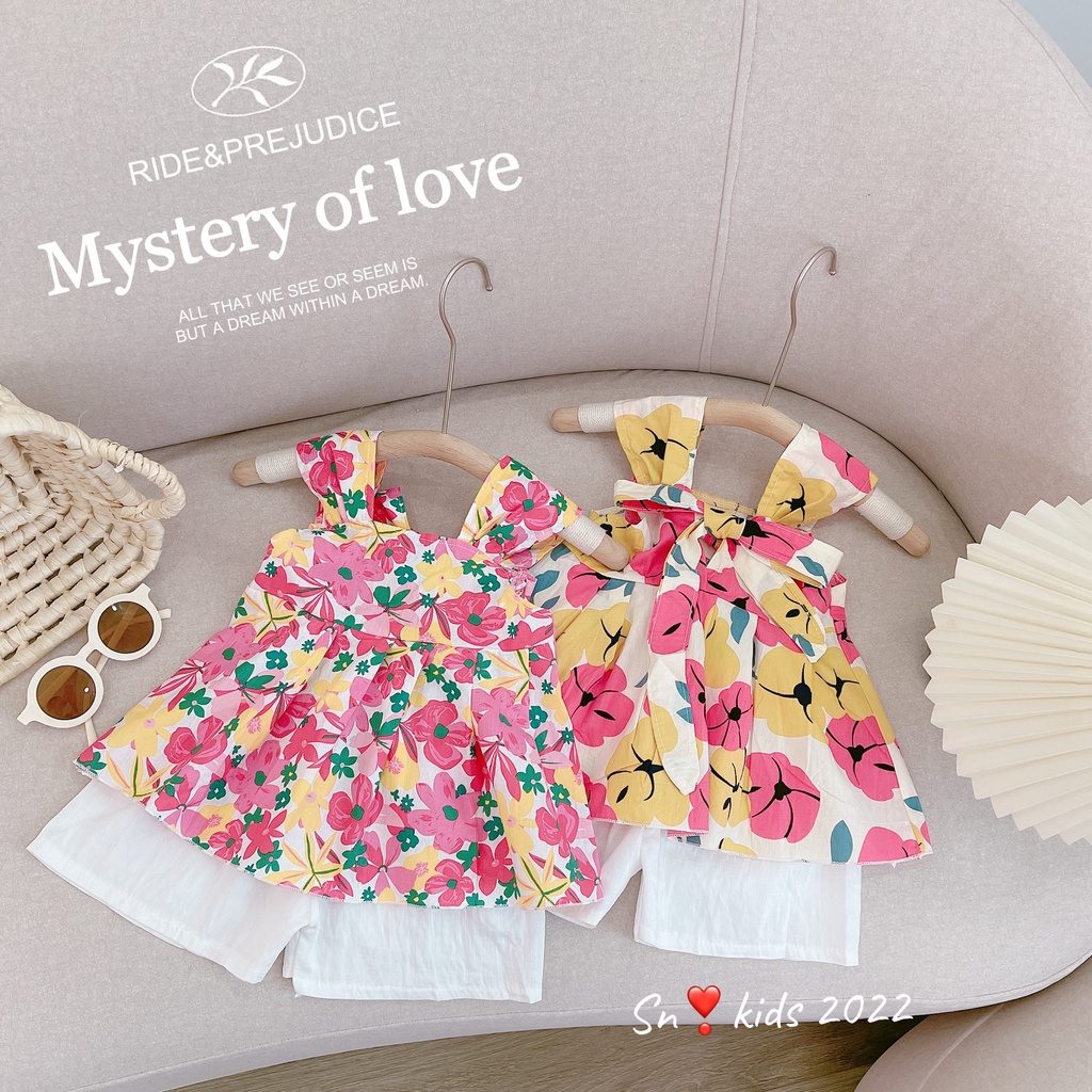 Bộ 2 dây hoa bé gái, Sét áo thô hoa to cộc nơ sau lưng kèm quần short đũi trắng cho bé