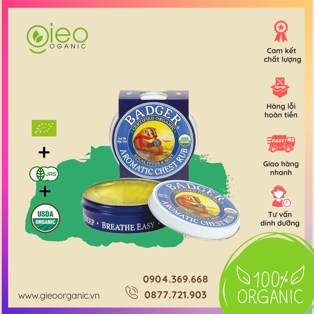 Sáp hữu cơ thoa ấm ngực, & cổ phòng ngừa cảm cúm BADGER Aromatic Chest Rub - USDA Organic- 21g
