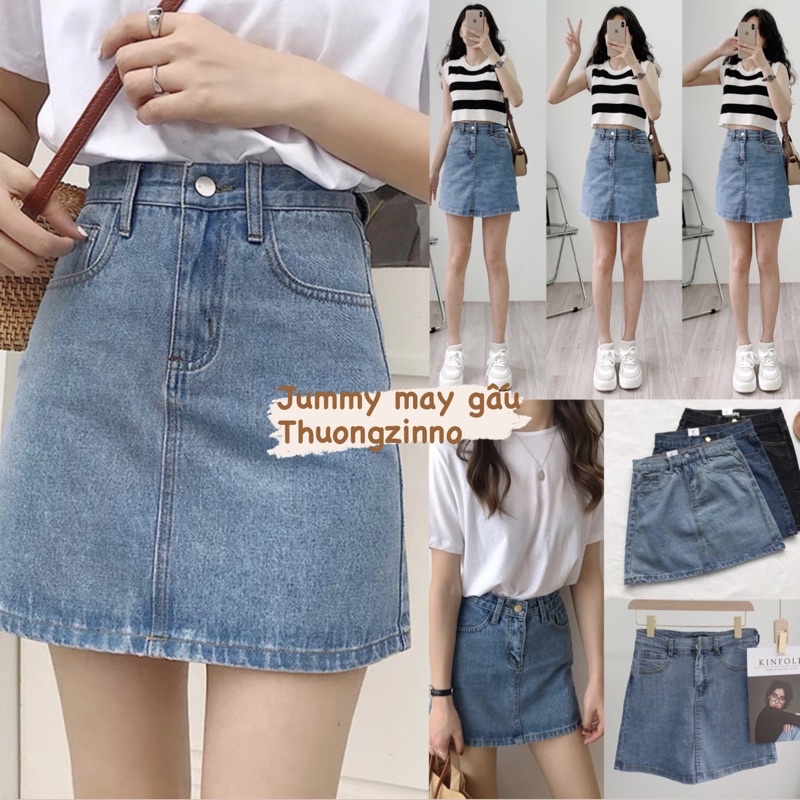[Ảnh thật/Video]Chân váy jean ngắn co dãn có lót trong Chán váy bò jummy may gấu hàng đẹp form chuẩn Hàn Quốc