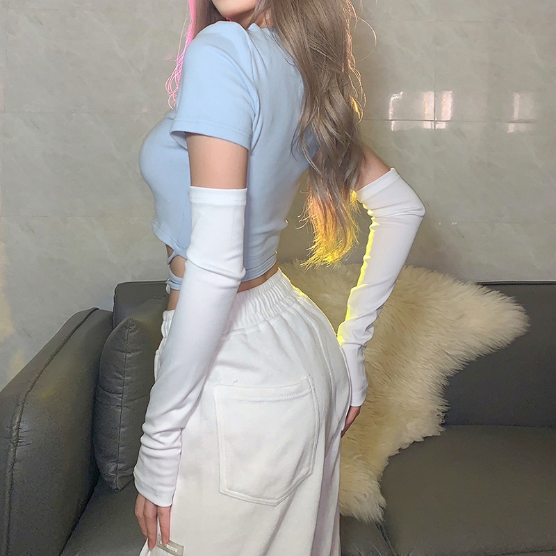 DUNEA Áo thun croptop tay ngắn thêu họa tiết thời trang cho nữ