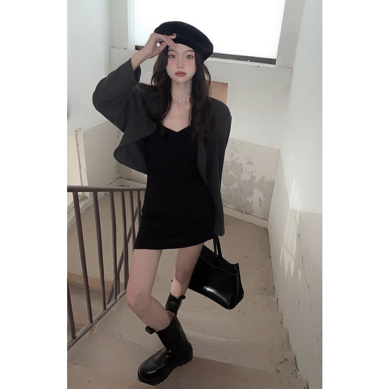 Đầm Hai Dây Tay Dài / Áo Khoác Vest Dáng Ôm Đính Ngọc Trai Thời Trang Hàn Quốc Quyến Rũ Cho Nữ