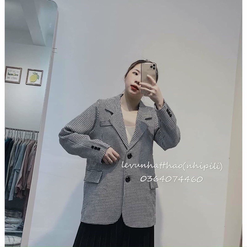 [Ảnh thật] Áo blazer dáng rộng kẻ caro 2 lớp phong cách Hàn Quốc - Áo vest kẻ form rộng
