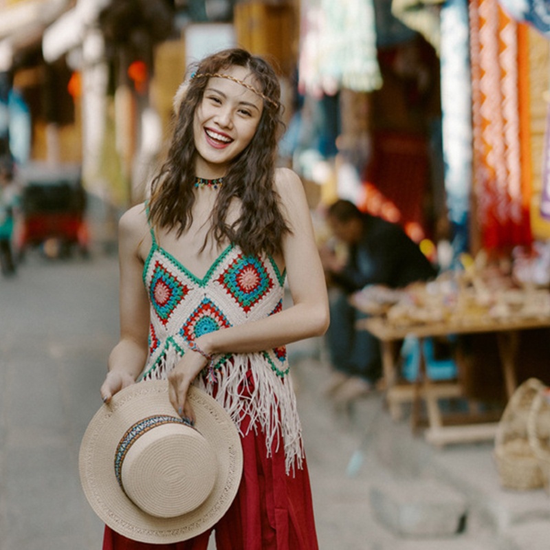 Brroa Áo Croptop Dệt Kim Hai Dây Tua Rua Viền Kim Cương Tương Phản Họa Tiết Kẻ Sọc Màu Tương Phản Phong Cách Boho Dân T