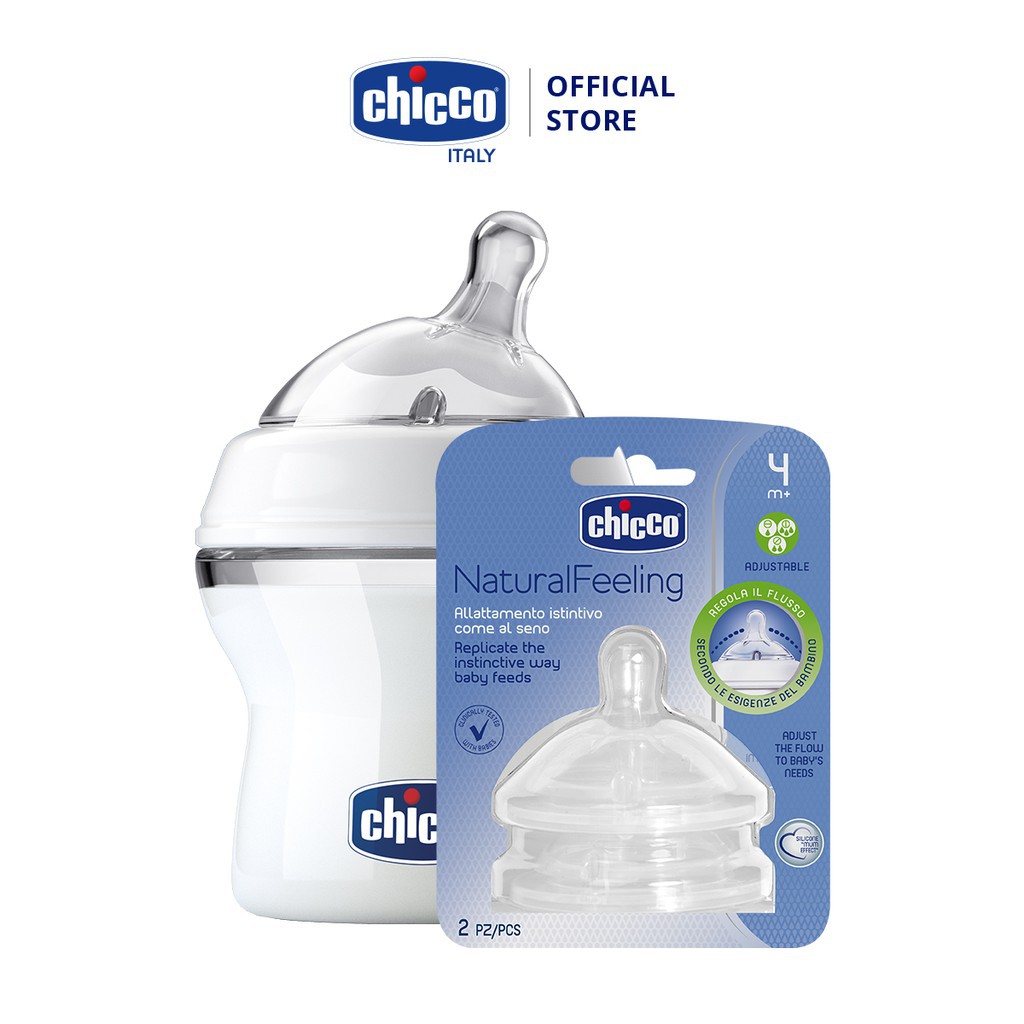 Bình sữa Chicco núm nghiêng Pisa Natural Feeling 2M+ 250ml + Hai Núm ty Chicco Natural Feeling điều chỉnh dòng chảy 4M+