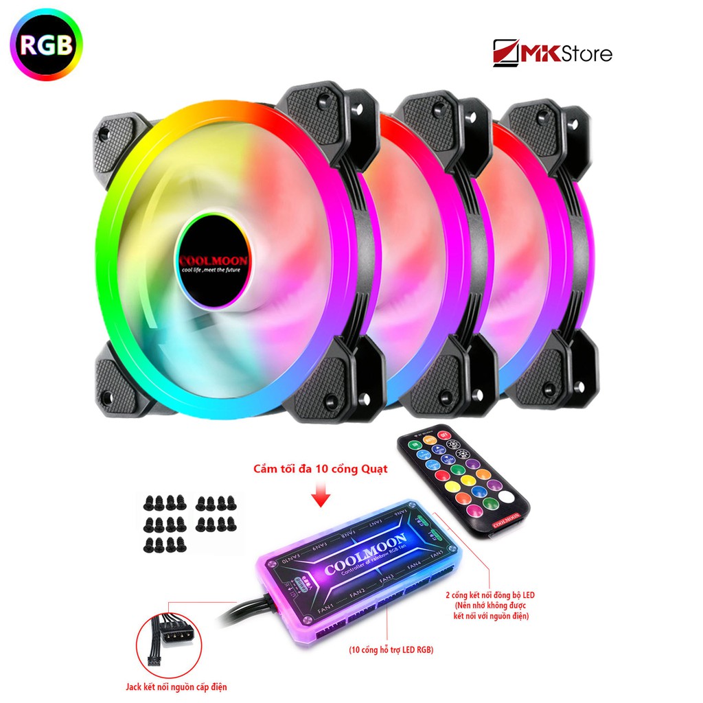 Bộ 3 Quạt LED RGB Coolmoon Dual Ring kèm HUB + điều khiển