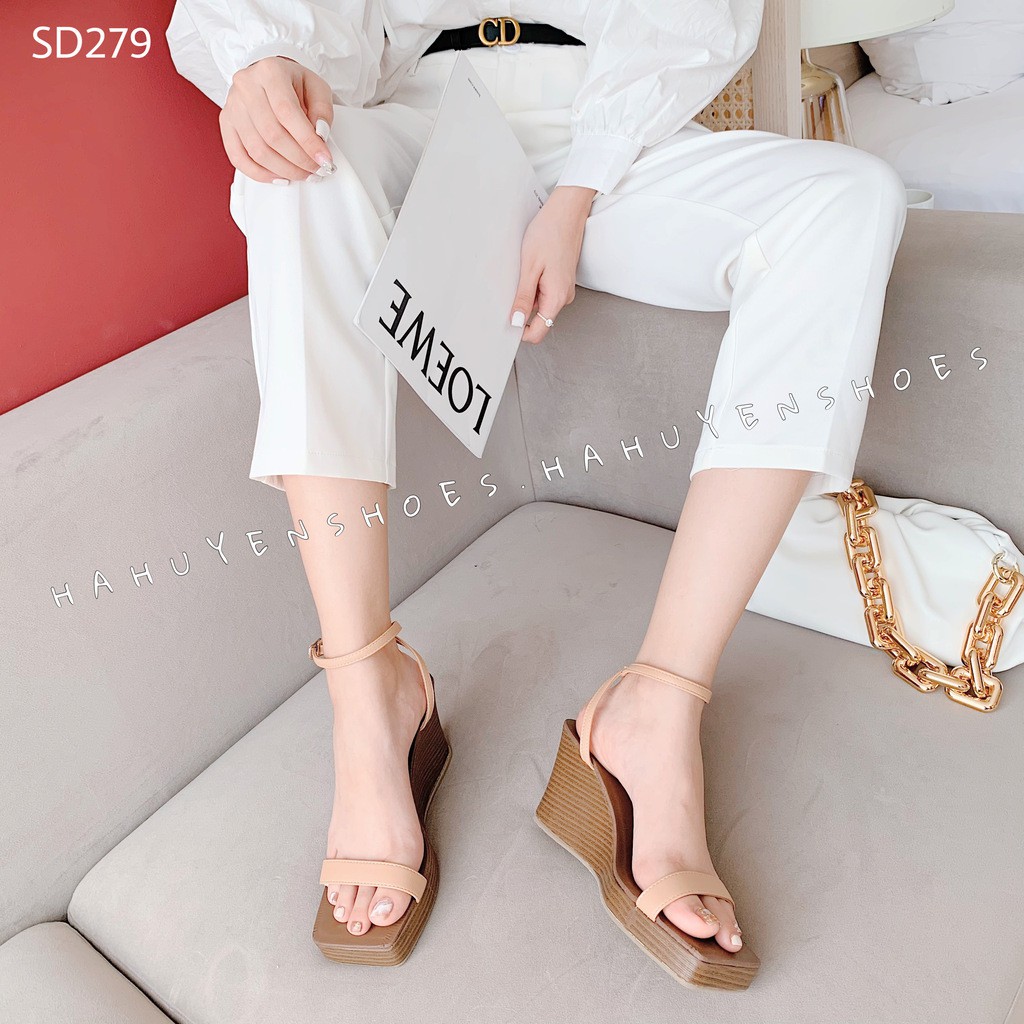 Sandal nữ HHS xuồng đế nâu quai da mảnh đế xuồng 7 phân Hà Huyền Shoes - SD279