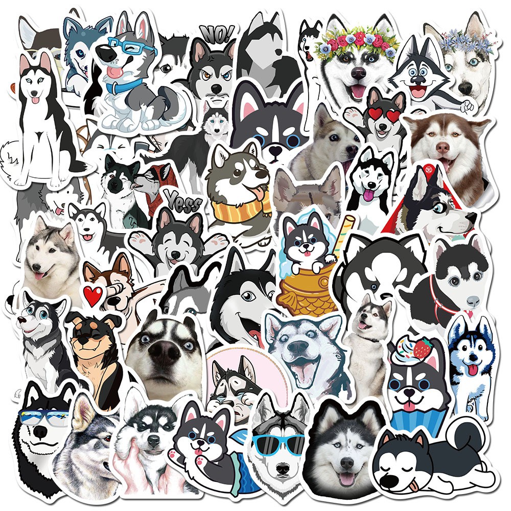 50 stickers chó Husky ngáo đáng yêu nhãn dán pvc kháng nước thú cưng