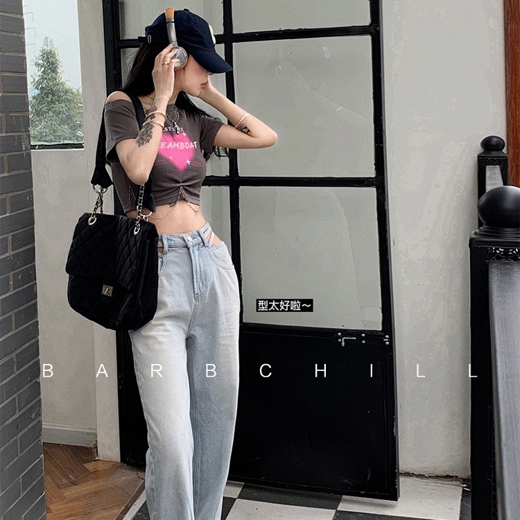 COZOK Áo Croptop Trễ Vai Tay Ngắn Hoạ Tiết Trái Tim Phong Cách Vintage