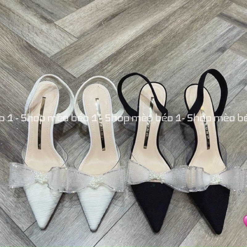 Sandal cao gót mũi nhọn nơ ngọc gót nhọn fullbox hàng quảng châu cao cấp