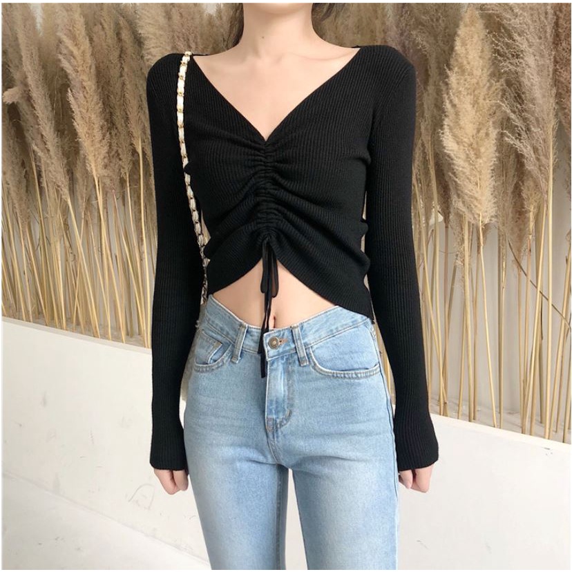 Áo coptop tay ngắn cổ chữ V nhúm ngực,Áo croptop nữ tay bồng ôm body phong cách Hàn Quốc