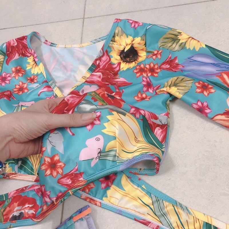 [ HÀNG CAO CẤP+ VẢI DÀY ] Bikini set 3 món tay dài hoa cột nơ phong cách sexy quyến rũ