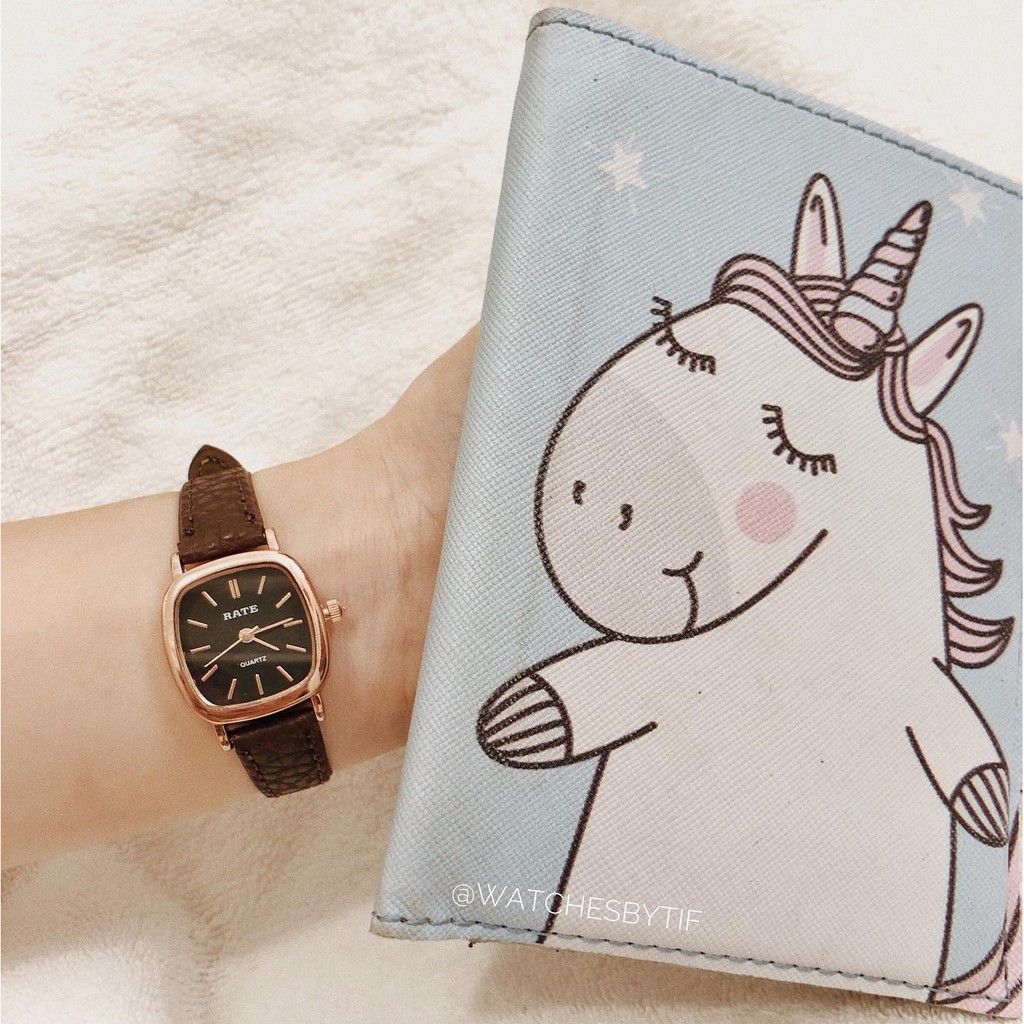 Đồng hồ nữ dây da mặt vuông RATE nâu mặt đen đồng hồ nữ mặt nhỏ chính hãng Watchesbytif đẹp giá rẻ chống nước size 22mm | BigBuy360 - bigbuy360.vn