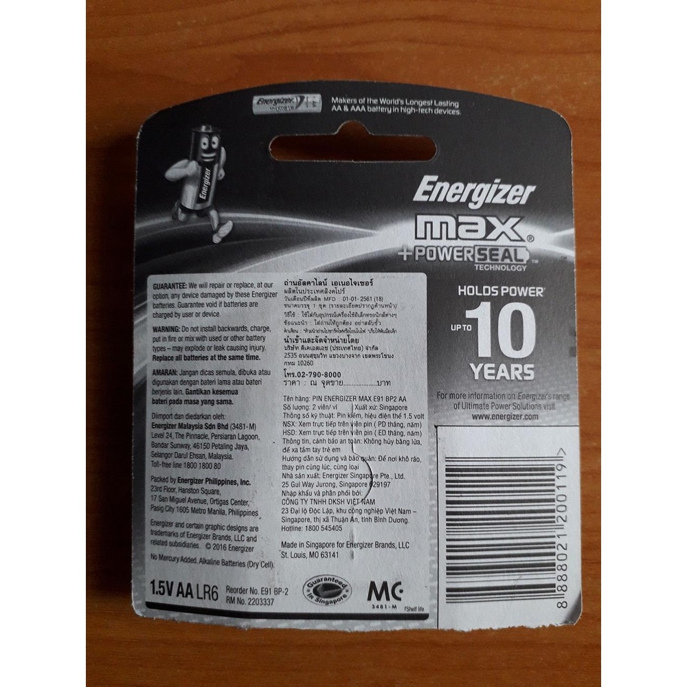 Pin 2A lớn Energizer . 1 vỉ 2 viên. Made in Singapore. Vi Tính Quốc Duy.