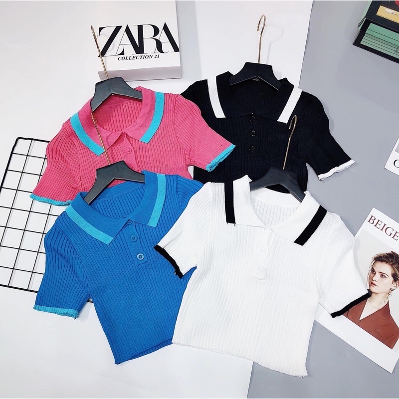 Áo len nữ cộc tay crotop cổ bẻ pha viền hot