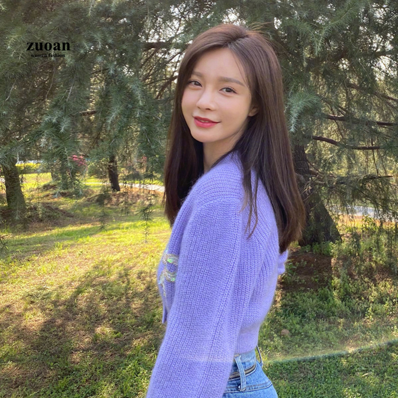 SUXI Áo Cardigan Dệt Kim Dáng Rộng Cổ Chữ V Màu Tím Phối Nơ Xinh Xắn Dành Cho Nữ