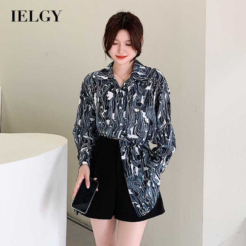 IELGY    Áo Sơ Mi Cột Dây In Họa Tiết Phong Cách hong kong Thời Trang Cho Nữ